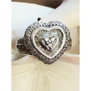 JWBR 925 Sterling Silver Double Heart Pavé Sparkle Ring Size 6
